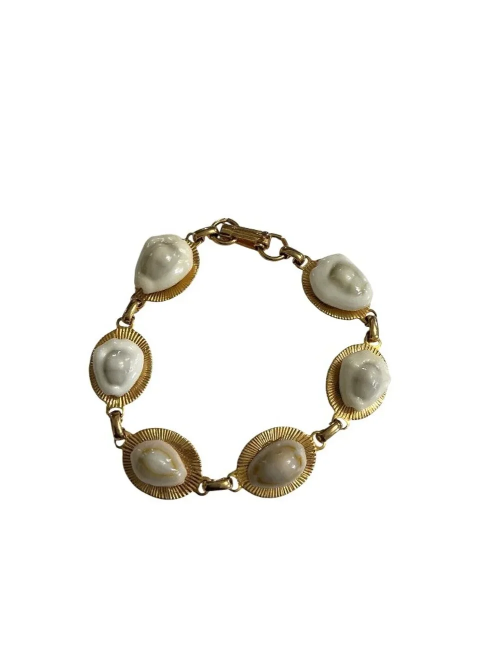 Vintage Gold-Tone  Bold Statement Bracelet With White Sculpted Cabochans